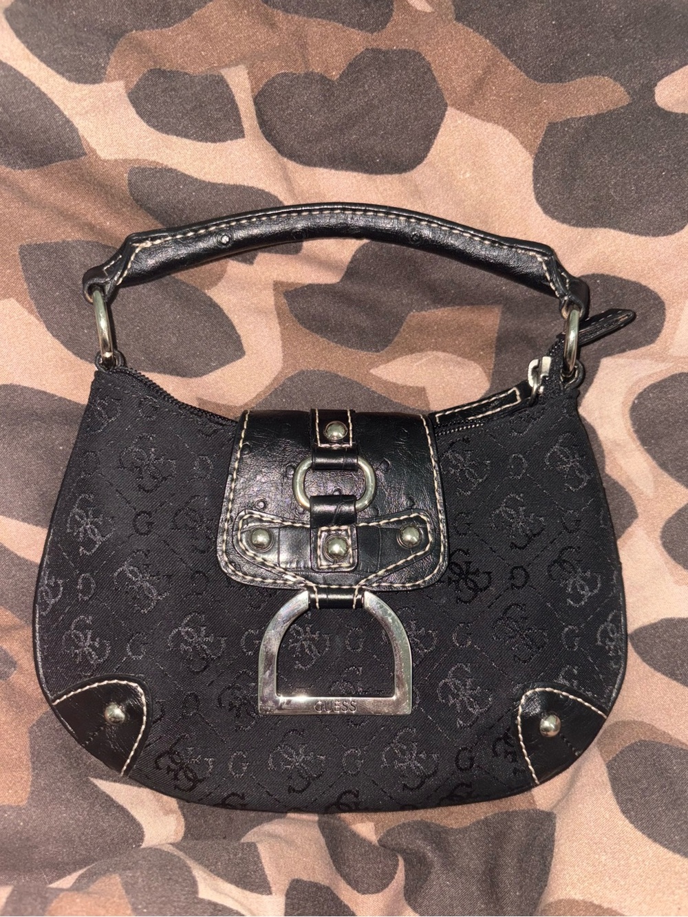 Vintage Y2K Guess Black Mini Bag Monogram Jacquard Silver Buckle Purse
